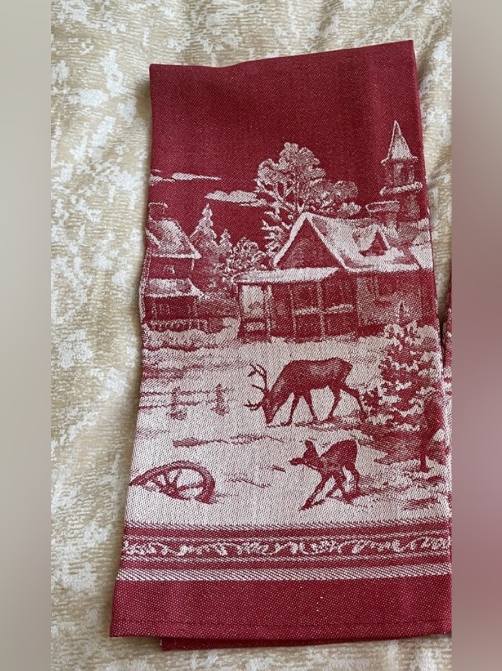 New William Sonoma kitchen towel Holiday 2014 Winter Village deer jacquard